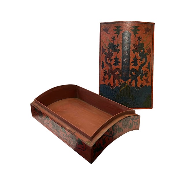 Chinese Distressed Brick Red Dragons Graphic Rectangular Shape Box For Sale - Image 4 of 5