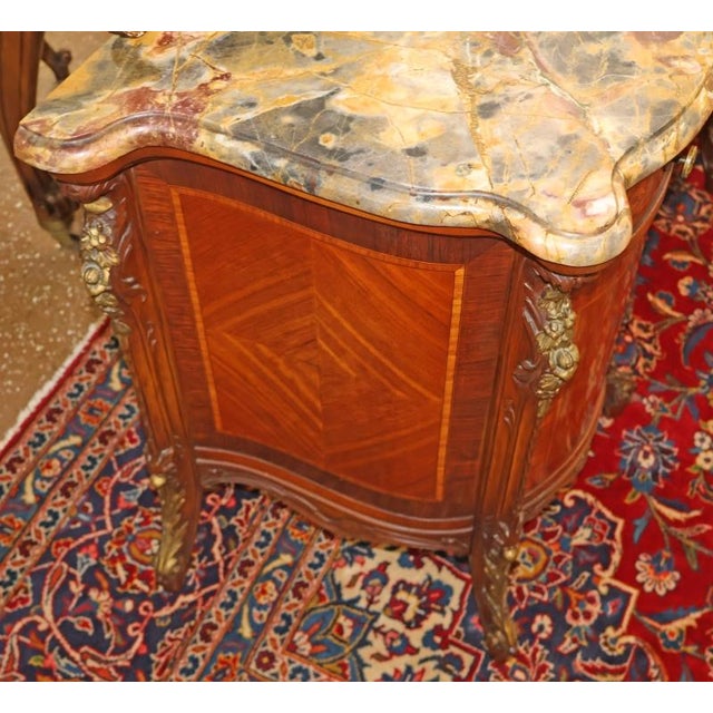 1920's French Style Marble Top Inlaid Walnut Vanity With Later Companion Mirror For Sale - Image 15 of 15