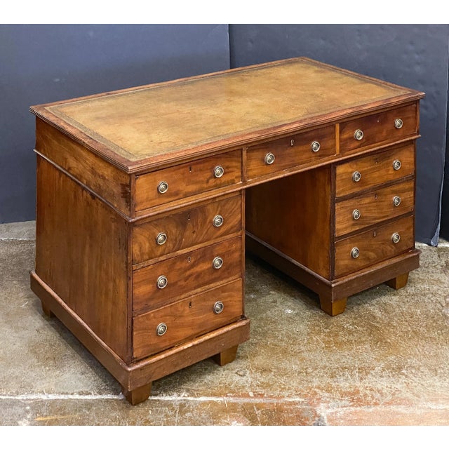 English Double Pedestal Desk of Mahogany With Embossed Leather Top For Sale - Image 4 of 11
