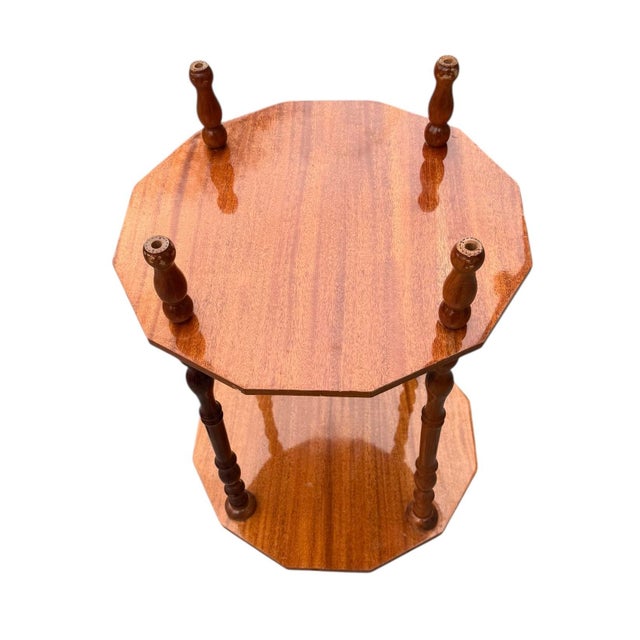 Wood Antique Inlaid Mahogany Octagon Two‑Tier Side Table — Floral Marquetry For Sale - Image 7 of 12