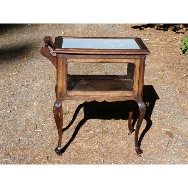 Antique Solid Oak Vitrine Cabinet Serving Bar Tea Cart Trolley For Sale - Image 13 of 18