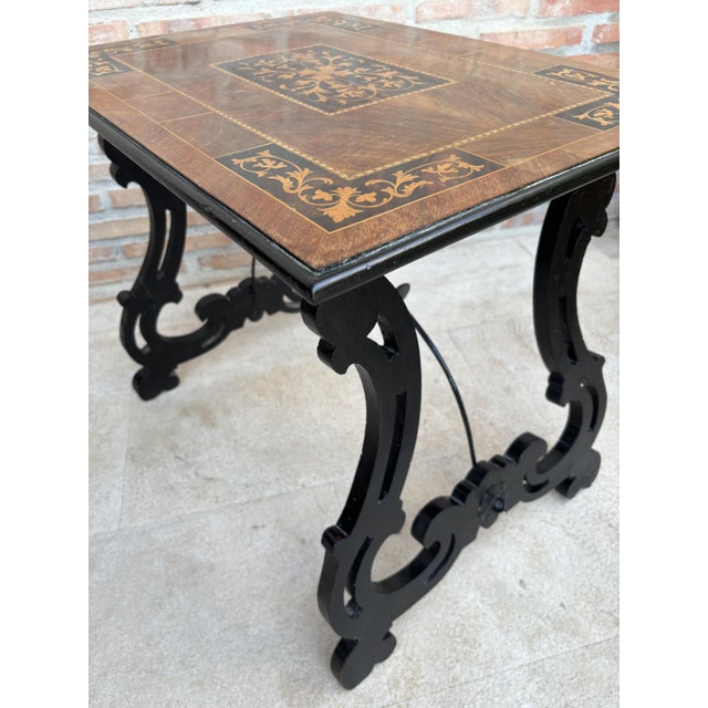 Wood Spanish Baroque Side Table with Lyre Legs and Marquetry Top, 1850 For Sale - Image 7 of 15