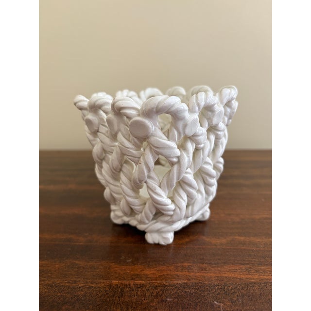 French Country White Ceramic Woven Rope Cachepot Basket For Sale - Image 4 of 8