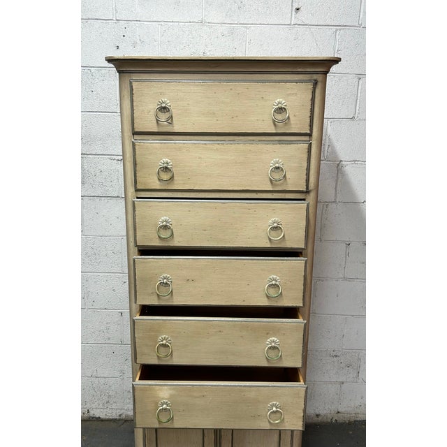 Mid Century French Provincial Lingerie Paint Decorated Tall Chest by Baker Furniture. Very unusual tall piece with a lot...