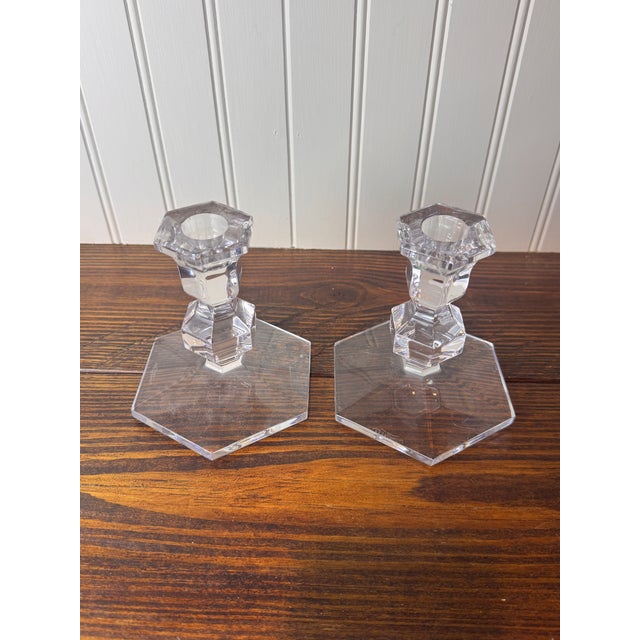 Val Saint-Lambert Val Saint-Lambert Signed Belgian Crystal Candlesticks, Pair, 5" Tall, Late 20th Century For Sale - Image 4 of 7