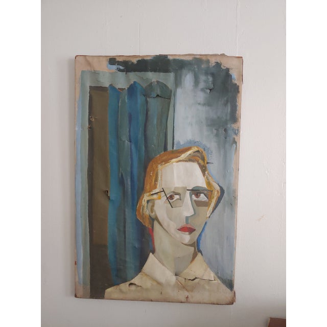 1950s 1950s Cubist Style Self Portrait Oil Painting, Restored For Sale - Image 5 of 5