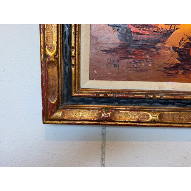 1980s Vintage Chinese Junk Boats Sunset Oil Painting Signed Young Asian Seascape Frame For Sale - Image 5 of 11
