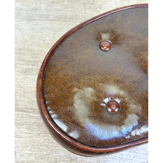 Brown Mid-Century Button Tuft Brown Vinyl Kidney Footstool Ottoman For Sale - Image 8 of 10