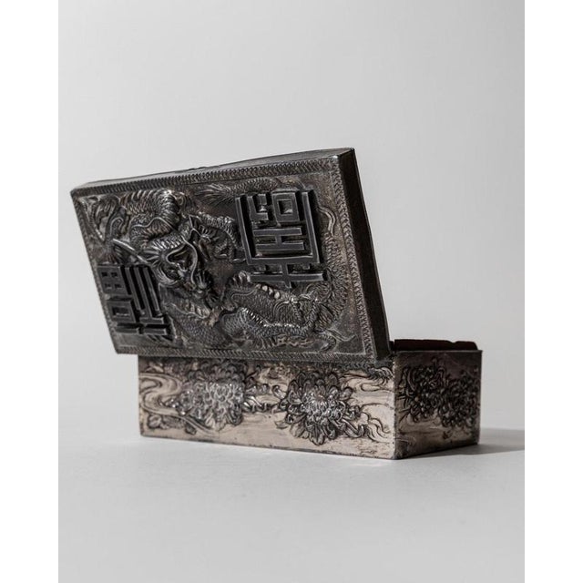 Vintage Japanese Silver-Plated Box with Dragon Motif and Wood Inlay, Early 19th Century For Sale - Image 14 of 17