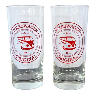 Vintage Volkswagen Bus Drinking Glasses | Set of 2 | Volkswagen Original Ets 49 | Red Vw Transporter | 6" Tumbler | Rare Retro Barware For Sale