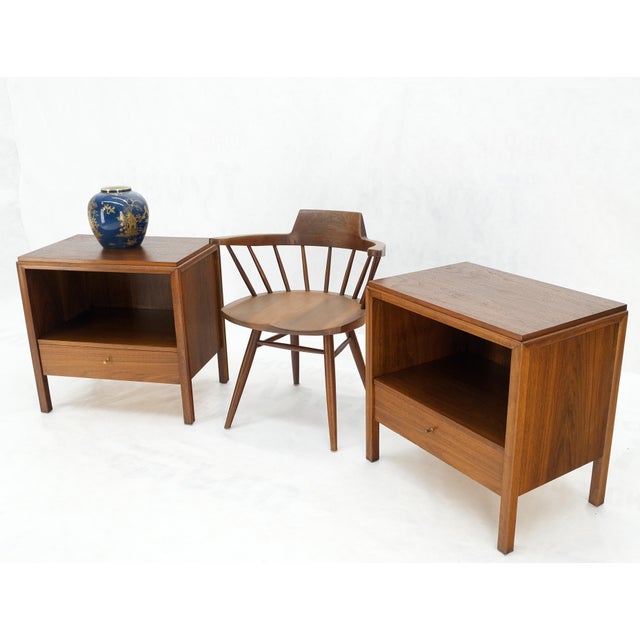 Pair Finished Back Danish Mid Century Modern One Drawer Walnut Night Stands MINT For Sale - Image 9 of 18