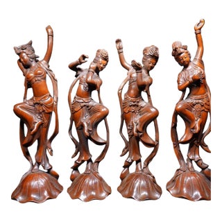Set of 4 Vintage Chinese Boxwood Dancing Figures | Carved Musician Statues For Sale