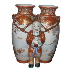 Meiji Period Kaga-Kutani Double Vase With Central Figure, by Nishimura Saichi for Watano Workshop, Japan, Circa 1880–1895