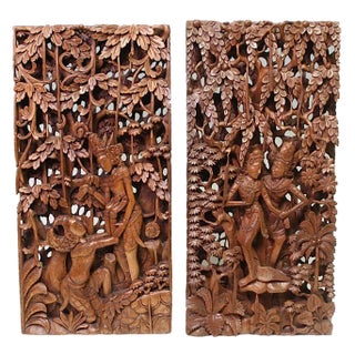 Balinese Hand Carved Wood Sculptural Wall Panels, Rama & Sita From the Ramayana Epic Saga, Three Dimensional For Sale