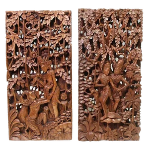 Balinese Hand Carved Wood Sculptural Wall Panels, Rama & Sita From the Ramayana Epic Saga, Three Dimensional