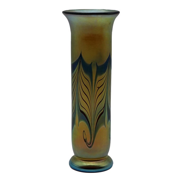 Lundberg Studios Pulled Feather Iridescent Cylinder Vase, 1981 For Sale