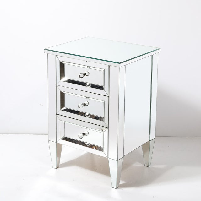 Hollywood Regency Pair of Hollywood Regency Style Custom Mirrored Nightstands With Three Drawers For Sale - Image 3 of 11