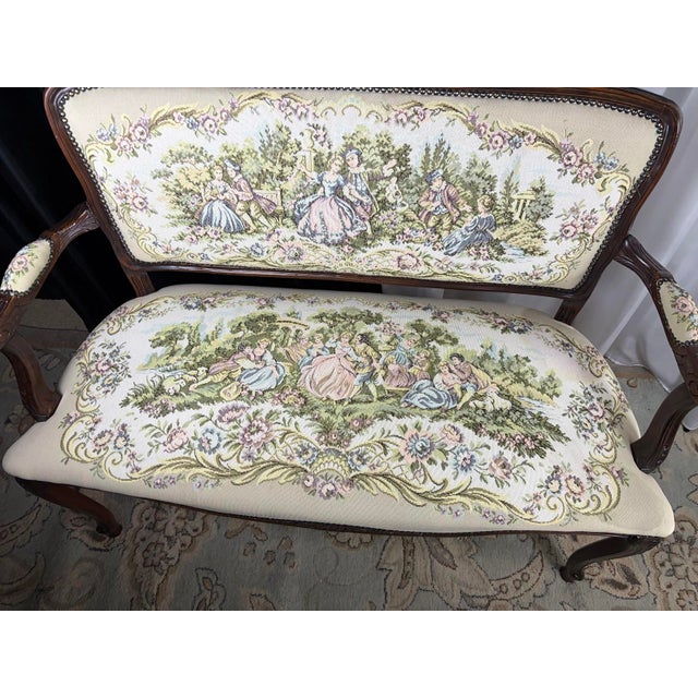 Wood Vintage French Louis XV Style Upholstered Romantic Settee / Loveseat Settee For Sale - Image 7 of 18