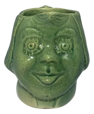 Antique Glazed Stoneware Face Creamer: Green Ceramic Girl