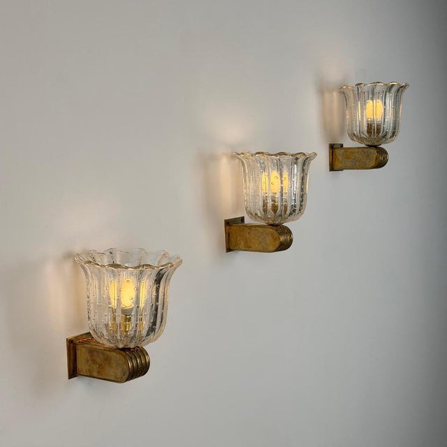 Art Deco Tulip Glass Wall Sconces by Ercole Barovier, 1940s, Set of 3 For Sale - Image 3 of 18