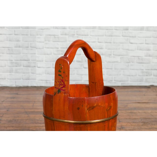 Chinese Chinese Rustic Wooden Bucket with Large Handle and Painted Floral Motifs For Sale - Image 3 of 11