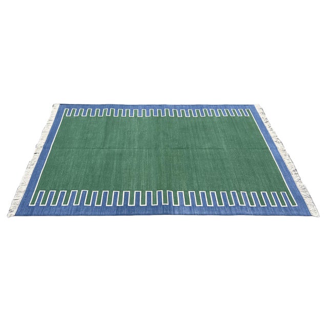Mid-Century Modern Handmade Cotton Vegetable Dyed Rug, Forest Green, White and Blue Zig Zag Striped Dhurrie-12'x15' For Sale - Image 3 of 12