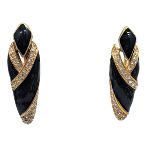 Vintage Signed Napier Black Enamel & Clear Rhinestone Clip Earrings-2 Pieces