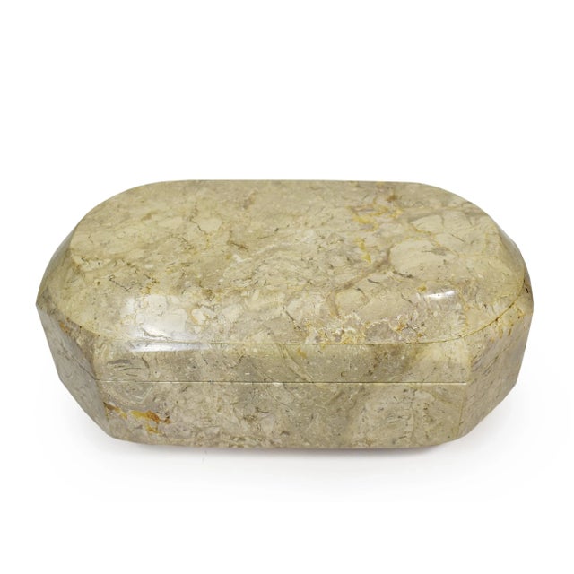 Modern Solid Stone Ivory Color Octagonal Oval Geometric Shape Trinket Jewelry Box For Sale - Image 10 of 10