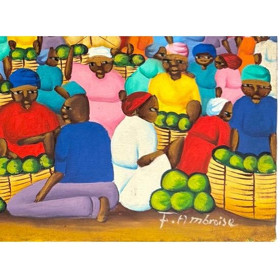 Wood Vintage Haitian Folk Art Market Scene Oil Painting Signed F. Ambroise For Sale - Image 7 of 8
