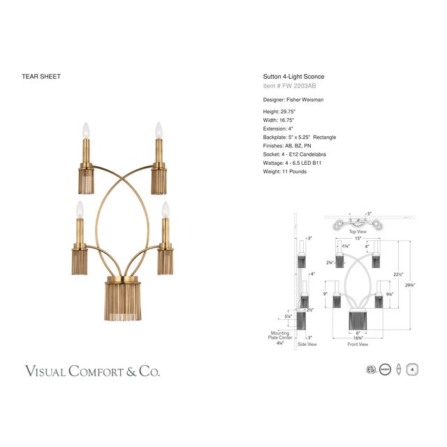 Metal Fisher Weisman for Visual Comfort Signature Sutton 4-Light Sconce in Antique-Burnished Brass For Sale - Image 7 of 9