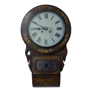 19th Century Marquetry Wall Clock With Wood Inlay & Original Key