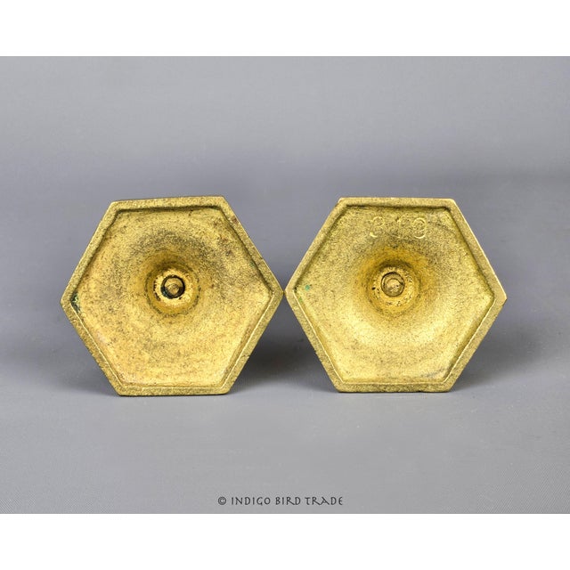 19th Century Antique Victorian Brass Candlestick Holders Short Hexagon Base Set of 2 For Sale - Image 5 of 5