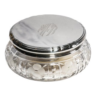 Stunning Large Art Deco Antique Crystal Jewelry Box Sterling Silver Lid Vanity Jar Luxury Home Decor For Sale