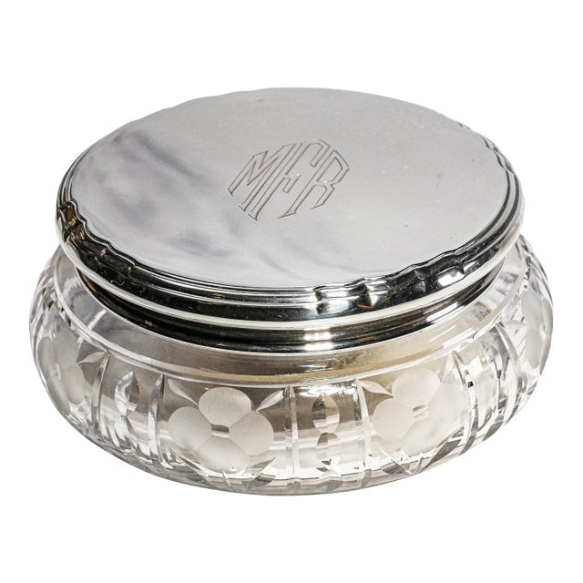 Stunning Large Art Deco Antique Crystal Jewelry Box Sterling Silver Lid Vanity Jar Luxury Home Decor For Sale