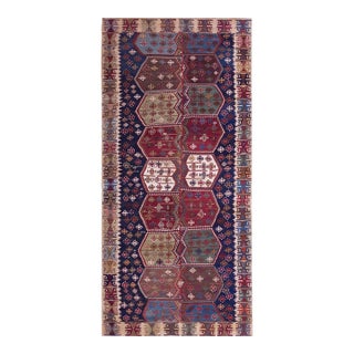 1850s Blue Geometric Tribal Antique Turkish Anatolian Flatweave 5' X 10'8" Kilim Wool Carpet Rug For Sale