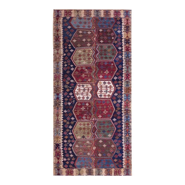 1850s Blue Geometric Tribal Antique Turkish Anatolian Flatweave 5' X 10'8" Kilim Wool Carpet Rug For Sale
