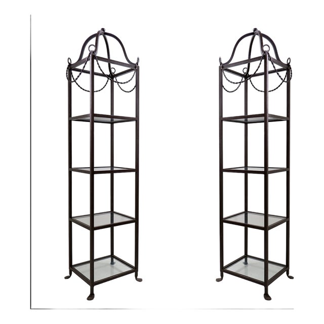 Vintage Pagoda Style Shelves in Black Metal, Set of 2 For Sale