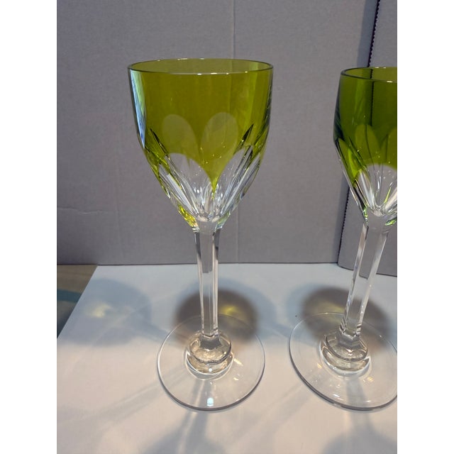 Art Deco Mid 20th Century Chartreuse and Green Baccarat Cordial Glasses in Genova Pattern - Set of 4 For Sale - Image 3 of 11