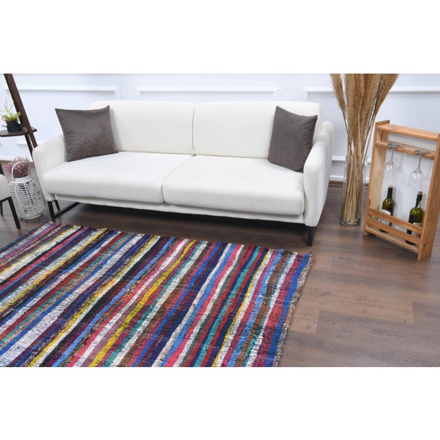 1970s Vintage Turkish Oushak Handmade Wool Cotton Blue Kilim Area Rug For Sale - Image 5 of 11