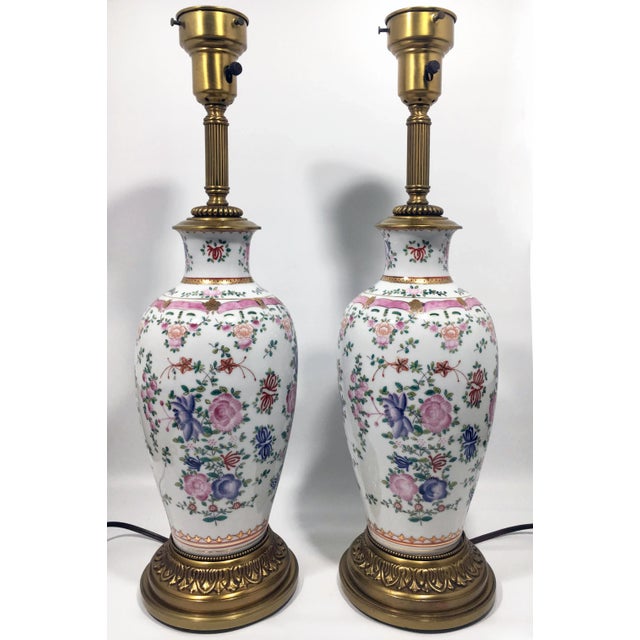 Bronze 1940s Hand Painted Porcelain Garniture Vase Lamp - a Pair For Sale - Image 8 of 9