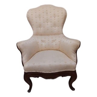 1960s Victorian Armchair Parlor Carved Wood Frame Upholstered Beige For Sale