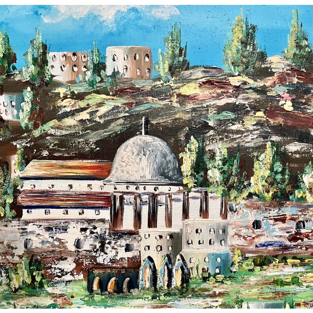 Late 20th Century Rare Israeli Naive Art Oil Painting Jerusalem Israel Old City Landscape Folk Art For Sale - Image 5 of 5