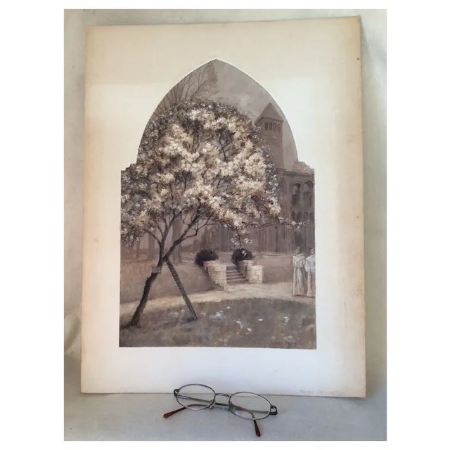 A vintage Illustration, painting depicting a Tree and Architecture. The Painting is an original watercolor on card stock...