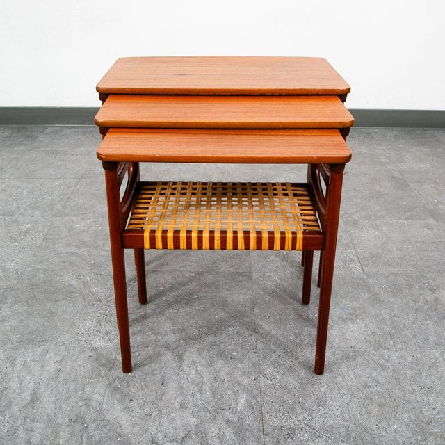 Mid Century Danish Modern Nesting Tables Solid Teak Set 3 Denmark Cane Vintage For Sale - Image 11 of 12