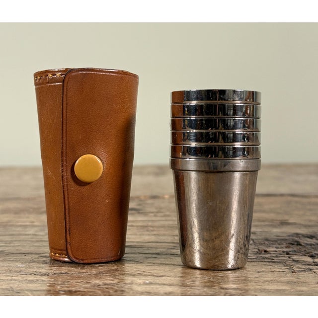 Vintage German Stacking Silverplate Shot Glasses With Leather Case - Set of 6 For Sale - Image 4 of 7