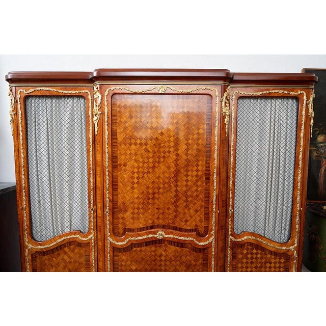 Antique Napoleon III bookcase in precious exotic woods with inserts of gilded bronze elements belonging to the second half...