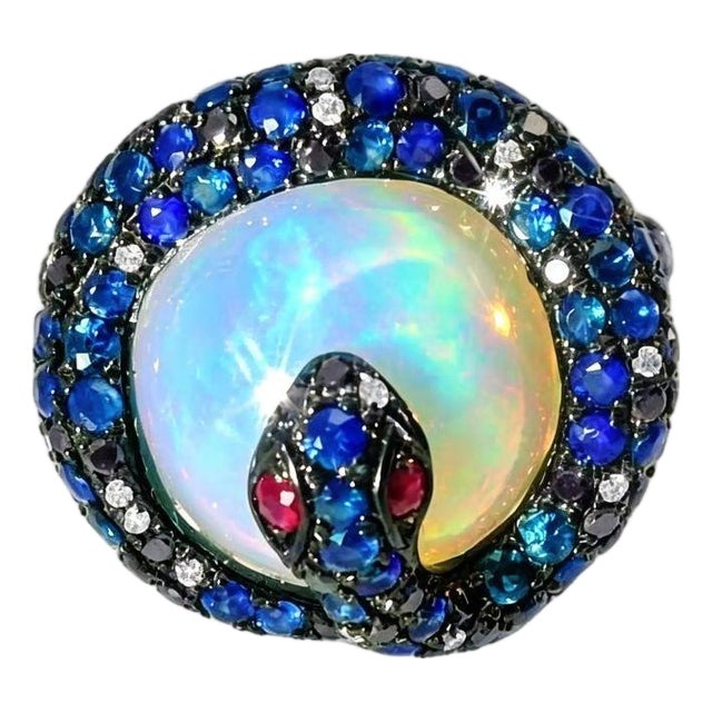 Mid 20th Century 14k White Gold Chalcedony Quartz Sapphire Ruby Diamond Snake Ring Band, Size 6.5 For Sale