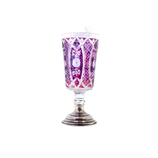Metal Burgundy Cut Glass Jug on Silver Base with Frieze For Sale - Image 7 of 8