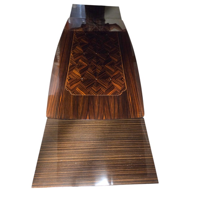 French Mid Century Macassar Ebony Parquetry Inlaid Expandable Dining Room Table W/ Leaves For Sale - Image 14 of 18
