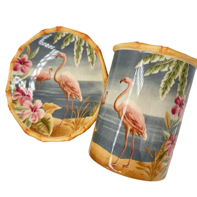 1980s Set of 3 1980's Hand-Painted Tropical "Palm Coast" Bathroom Sink Set by Carter Club For Sale - Image 5 of 8